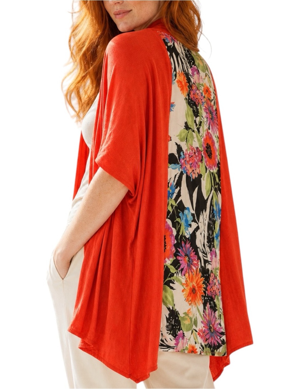 Rino Rossi Orange Floral Back Linen Blend Open Front Cardigan Large